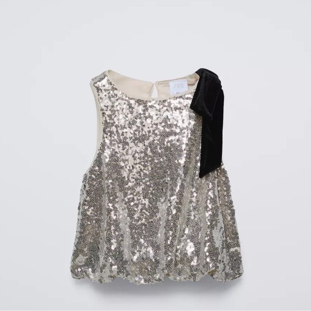 Zara Sparkling Silver Sequin Top with Black Accent